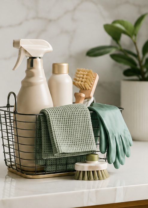 Cleaning supplies in a wire basket on a marble counter: a spray bottle, brushes, a green cloth and gloves